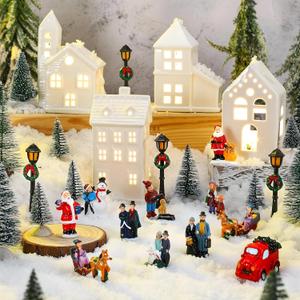 Soaoo 25 Pieces Christmas Village Sets Xmas Led Lighted Christmas Village Houses Mini Xmas Figurines Miniature for Collection Tabletop Mantel Shelf Indoor Accessories