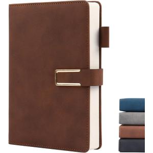 Hardcover Lined Notebook Journal for Women & Men,256 Pages 5.7 x 8.3 inches,A5 Ruled Notebooks Magnetic Closure Leather Journal,Daily for Work,Meeting,Travel,Writing,School and Note Taking (Brown)