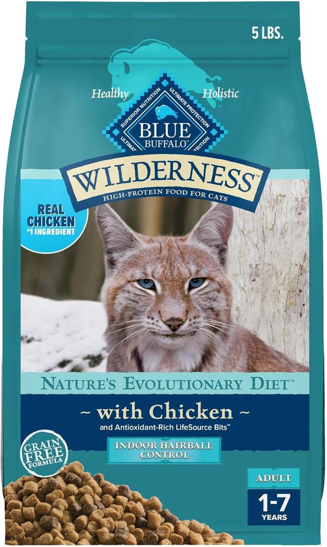 Blue Buffalo Wilderness Natural Hairball Care Dry Cat Food for Indoor Cats, High-Protein & Grain-Free Formula, Chicken, 5-lb. Bag (EXP 02/20/27)