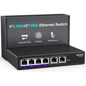 10Gbe Ethernet Switch Unmanaged with 2 x 10Gb RJ45 Ports  4 x 2.5Gb Base-T Ports, Desktop/Wall Mount NICGIGA 6 Port 10Gbps Network Switch for Wireless AP, NAS, PC