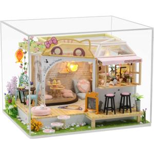 Cat Cafe Garden DIY Doll House with LED Light,Dust Cover & Music Box,English Instruction