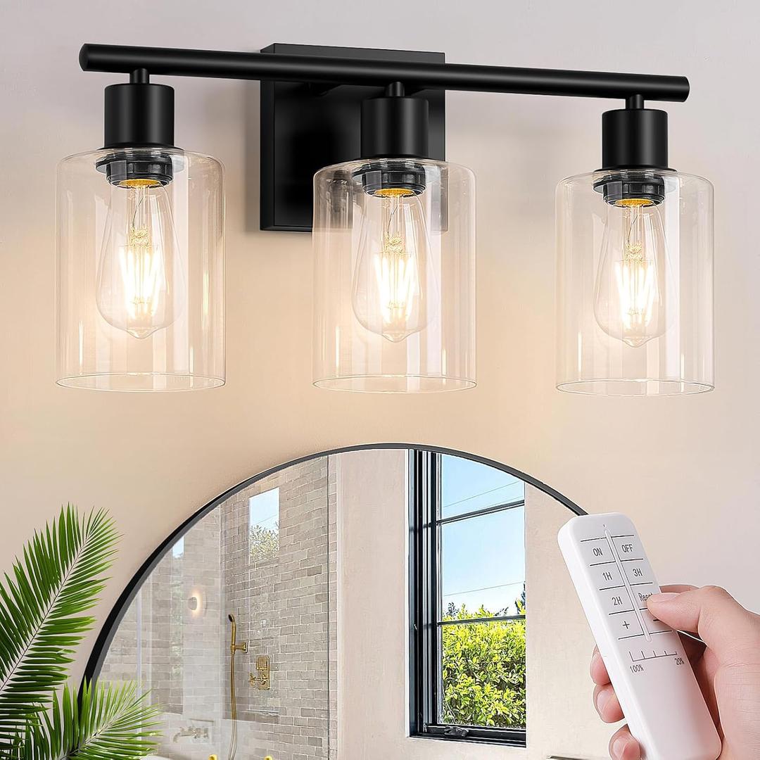 Battery Operated Wall Sconce, 3-Light Black Wireless Rechargeable Vanity Light Fixture with Remote & Bulbs, Dimmable Modern Indoor Non-Hardwired Wall Mounted Lamp for Bedroom, Living Room, Bathroom