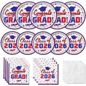 Graduation Party Supplies Kit Serves 50 - Graduation Party Red and Blue Class of 2026 Tableware Disposable Dinner Plates Dessert Plates and Napkins for Congrats Grad Party Decorations