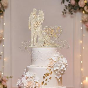 3 Pack Wedding Cake Topper Mr and Mrs, Rhinestone Bride and Groom Cake Topper Gold, Crystal Diamond Wedding Decoration for Engagement, Anniversary, Bridal Shower