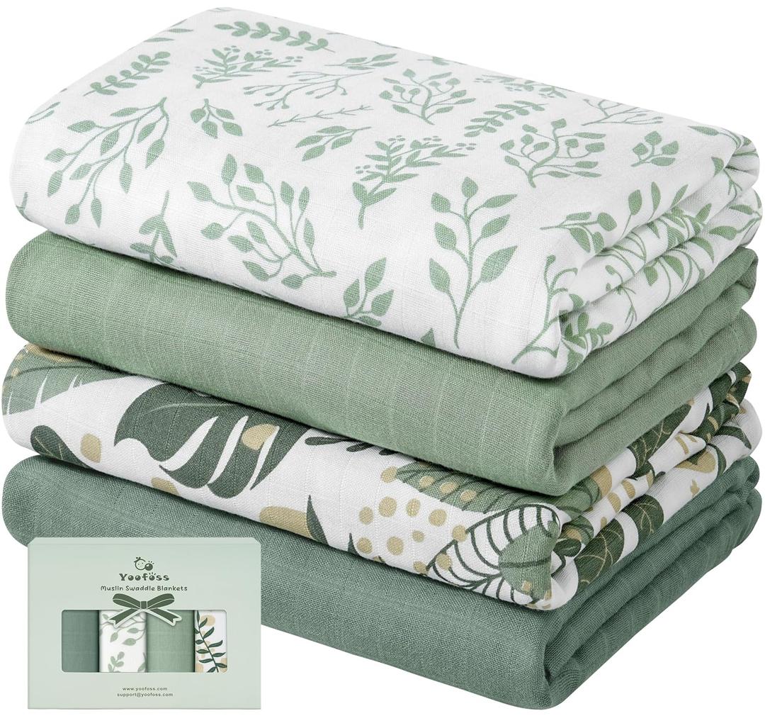 Yoofoss Muslin Swaddle Blankets, 4-Pack Receiving Blankets for Baby Boys and Girls, 47 x 47 Inches Baby Blanket Neutral Swaddle Wrap 70% Rayon from Bamboo and 30% Cotton (Green & Leaves)