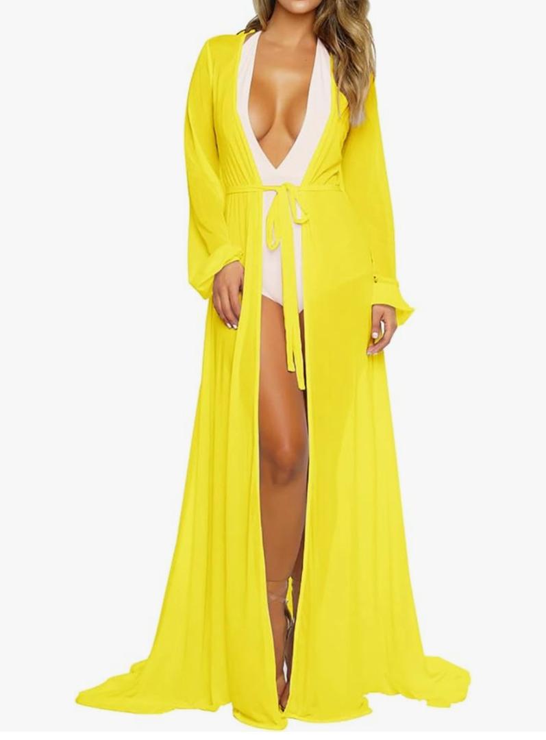 Pink Queen Women's Long Sleeve Flowy Maxi Swimsuit Tie Front Robe Cover Up S