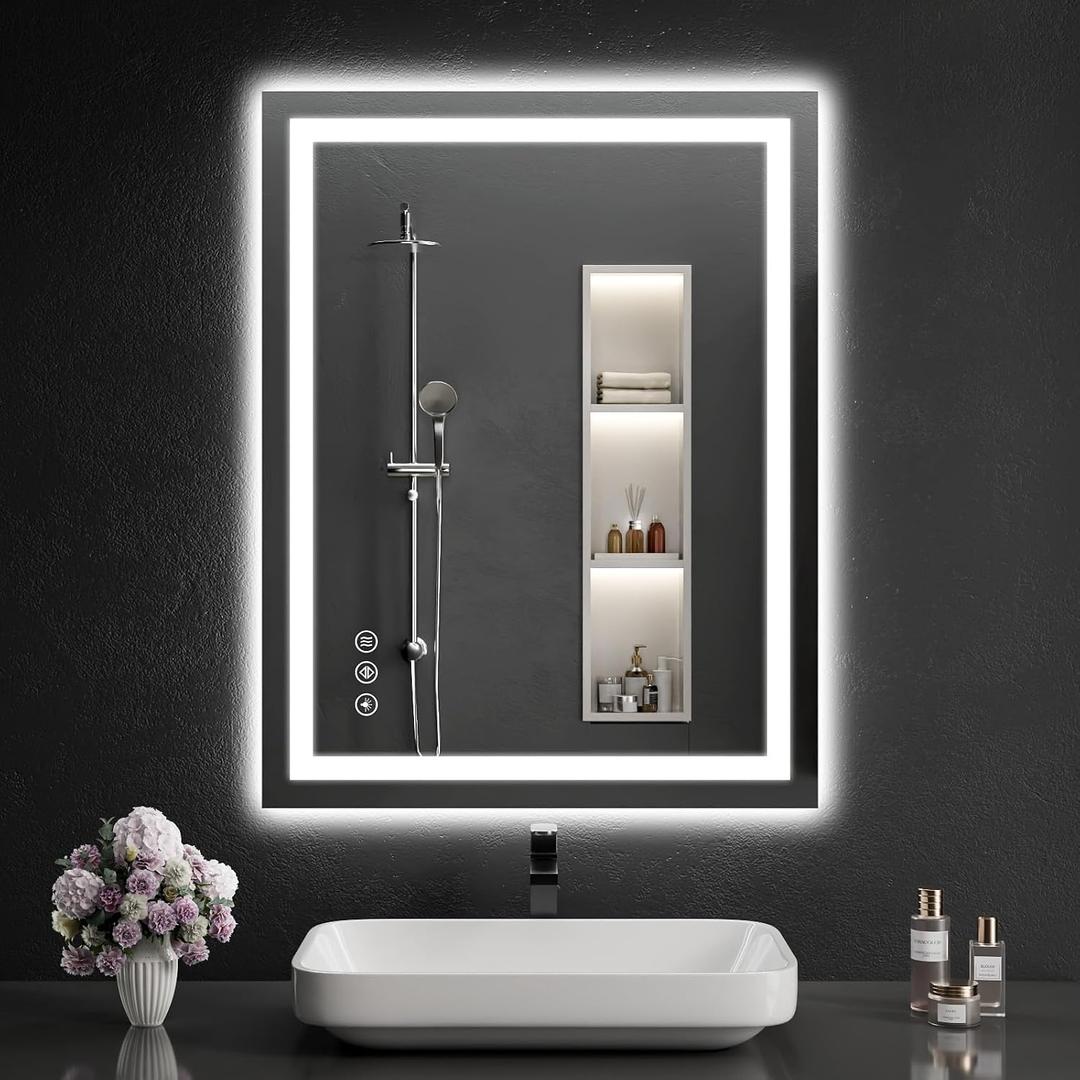 LED Bathroom Mirrors 28"x32" Bathroom Mirror with Lights for Wall, Backlit + Front Lit, 3 Colors, Anti-Fog, Dimmable Brightness for Vanity,Bathroom, Entryway, Living Room