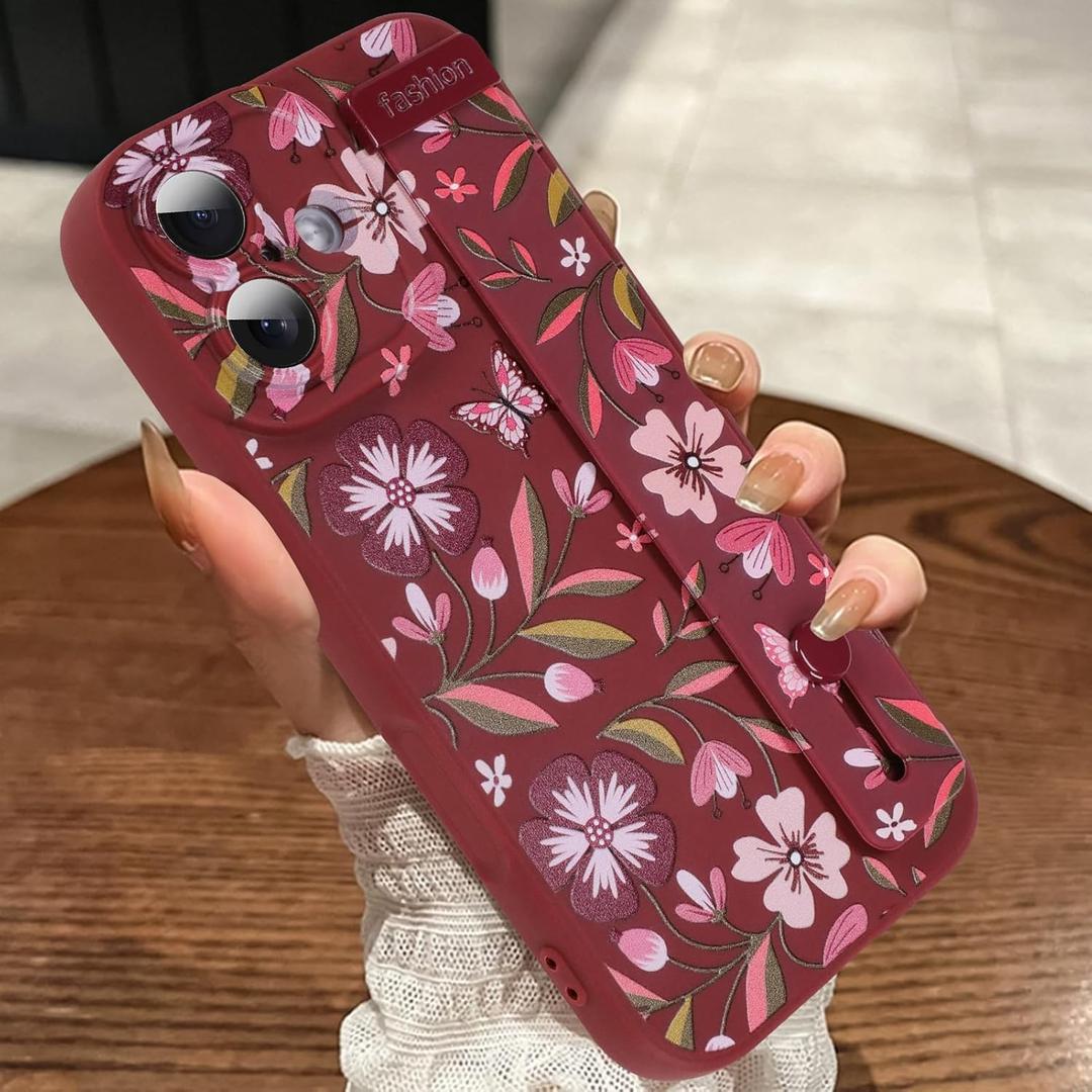 MOWIME Compatible with iPhone 17 Case with Finger Strap, Flower Butterfly Shockproof Soft TPU Protective Cover for Women Girls, Slim Anti Scratch Case for iPhone 17 6.3 Inch, Wine Red