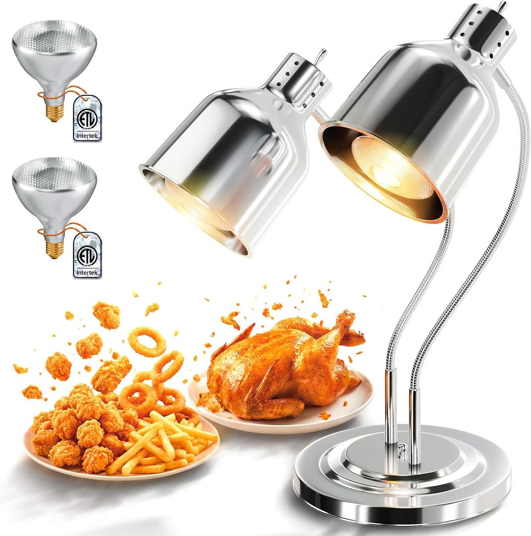 PYY Food Heat Lamp - [2 Bulbs Included] 500W Fast-Heating 2-Head Food Warmer Light, ETL-Certified Heat Lamp for Food, Stainless Steel Heavy Base for Restaurant, Catering, Buffet (Polished Sliver)