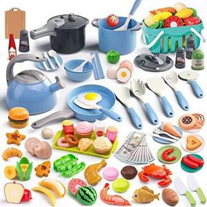 Amazon.com: 130Pcs Kitchen Playset, Toddler Pretend Cooking Play Pots, Pans, Utensils Cookware, Daily Food Fruit Veges, Shopping Storage Basket, Dessert, Prop Money, Learning Gift for Child (Blue) : Toys & Games
