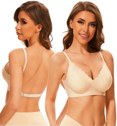 BOUFOR Deep V Neck Backless Bras for Women Padded Bralette Push Up Seamless Wire-Free Low Back Bra Convertible Straps, M