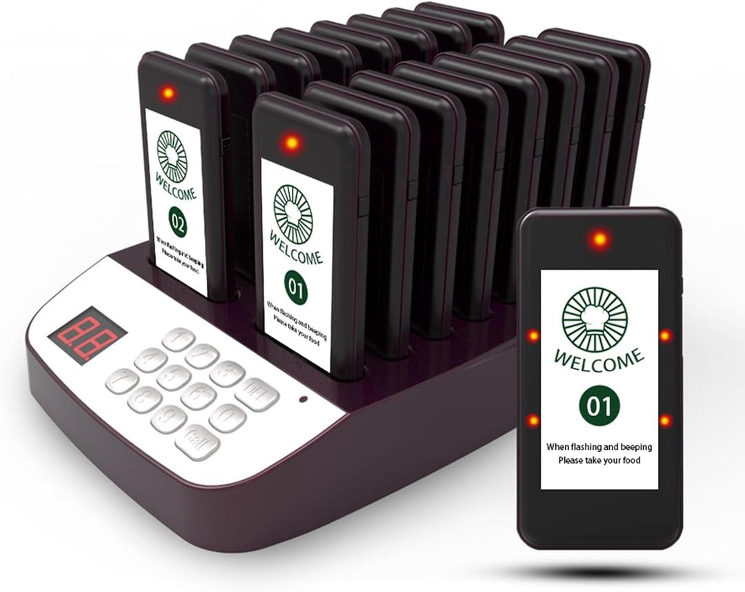 Restaurant Pager System,Beepers for Restaurants 1640ft Long Range,16 Pagers with Vibration, Flashing and Buzzer,Lineup Waiting Queue Pagers for Food Truck Church Nursery