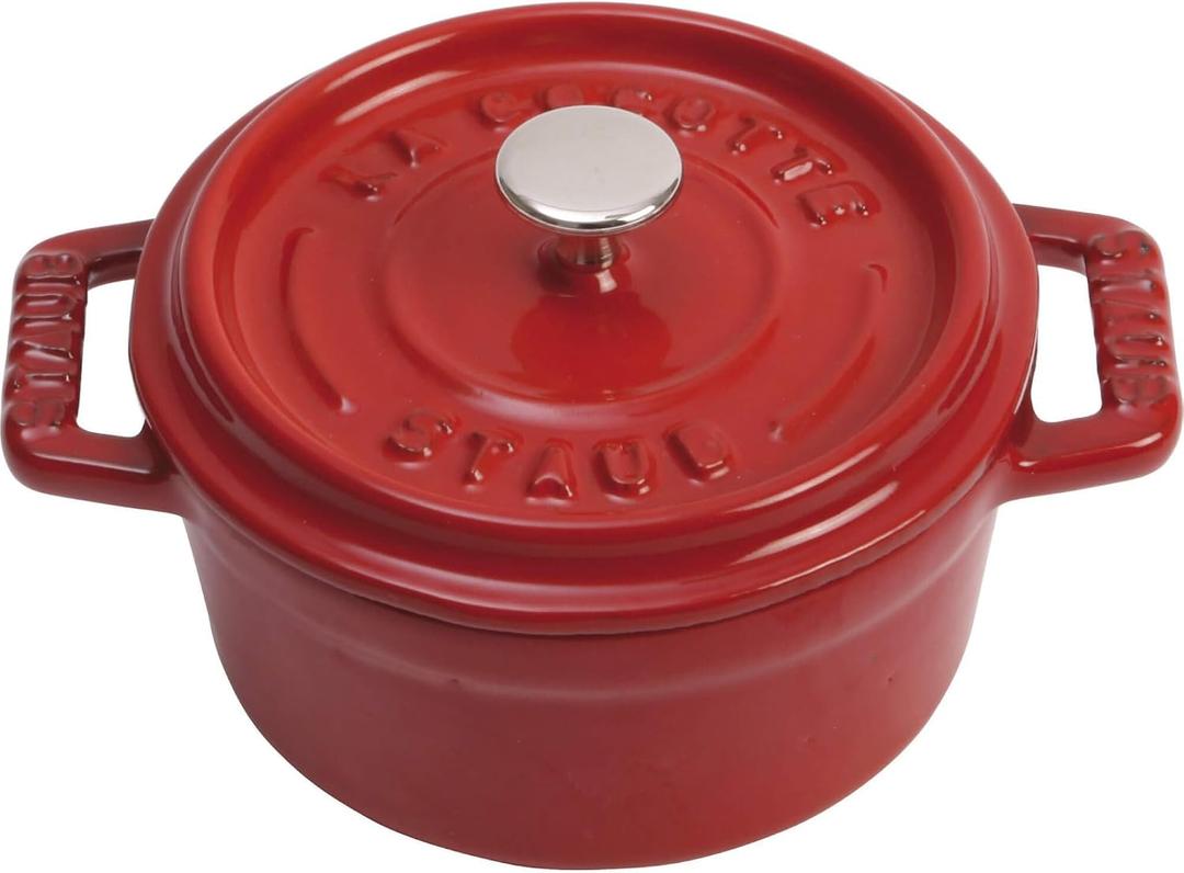 Staub Cast Iron Mini Round Cocotte, Dutch Oven, 0.25-quart, serves 1, Made in France, Cherry