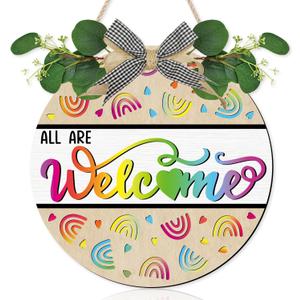 CHDITB 3D All Welcome Rainbow Door Sign Wreath(12"x12"), Colorful Classroom Teacher Decoration Wall Hanging with Green Leaves Bow, Wooden Back to School Decor Hanger for Daycare Preschool
