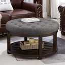 24KF Large Round Upholstered Tufted Linen Ottoman Coffee Table, Large Footrest Ottoman with Wood Shelf Storage,Dark Gray
