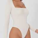 QINSEN Women's Sexy Square Neck Bodysuit Long Sleeve Double Lined Shirt Tops (White, S)