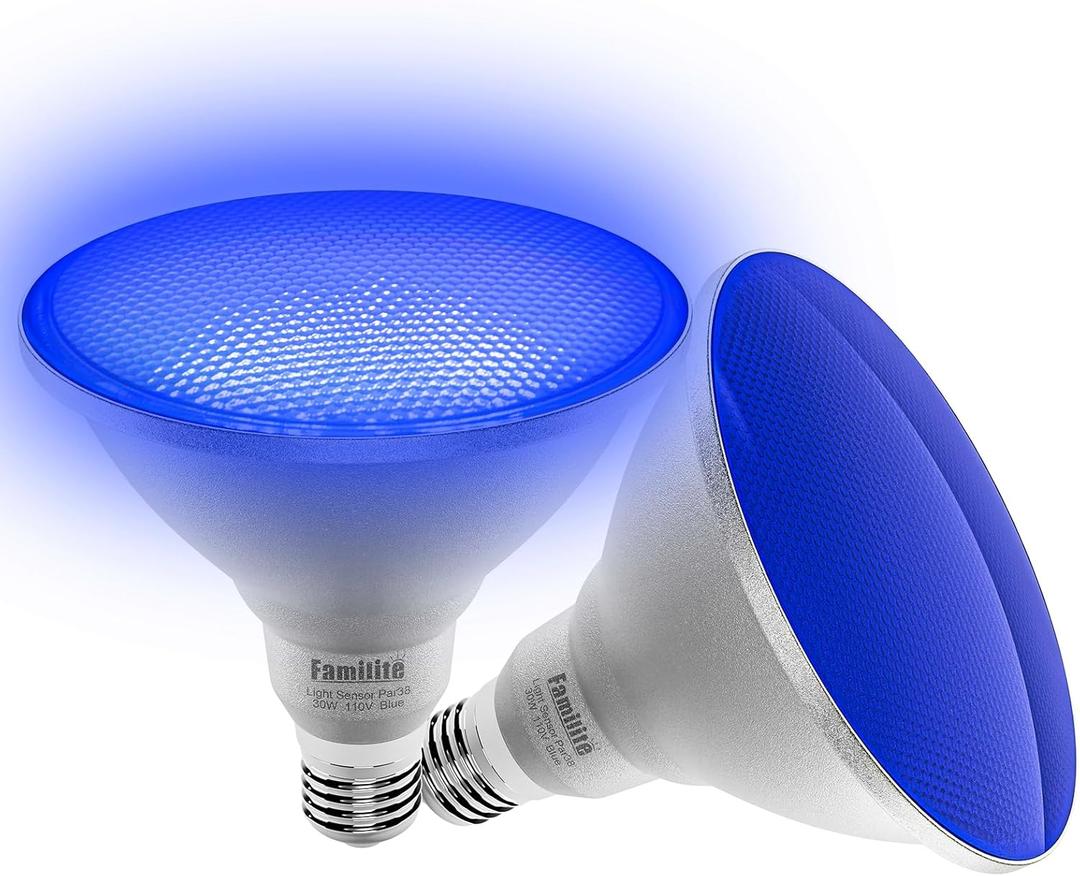 Blue Dusk to Dawn PAR38 LED Flood Light Bulbs with Auto On/Off Light Sensor for Porch Security or Landscape Lighting, Halloween, Christmas, Party, 30W = 100W, IP65 Waterproof, Pack of 2