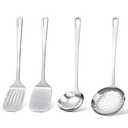 4 Pcs Cooking Utensils Set, Stainless Steel Kitchen Utensils, Heat Resistant Metal Kitchen Tools Include Solid & Slotted Turner Wok Spatula, Serving Spoon, Ergonomic Handle, Easy to Clean, Silver
