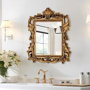 Gold Baroque Mirror - 26.3'' x 32.6'' Ornate Lightweight PU Frame, Vintage Decor Mirror for Living Room Fireplace Dining Room Entryway, Antique Mirrors with HD Reflection to Brighten & Expand Space