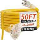 PlugSaf 50 FT 12/3 Gauge Outdoor Extension Cord with Multiple Outlets Light Indicator, Flexible 3 Outlet Weatherproof Heavy Duty Extension Cord Waterproof Yellow, 15A 1875W 12AWG SJTW, ETL Listed