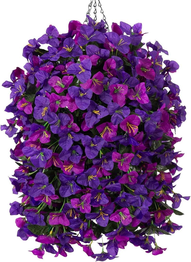Artificial Bougainvillea Faux Flowers Plants Baskets for Outdoor Outside Decoration, 3PCS Fake Silk Flowers Long Trailing Vines UV Resistant Realistic for Front Door Porch Patio (Dark Purple Fuchisa)