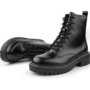 ICHIGO Womens Fashion Ankle Booties Causal 8-Eye Side Zipper Lace-up Combat Boots (9.5, Black)