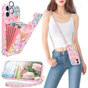 for iPhone 16 Plus Wallet Case with Card Holder, Cute 3D Oil Painting Floral Crossbody Case with Kickstand [Screen Protector+Camera Lens Protector] Flip Cover for iPhone 16 Plus, Rose Gold