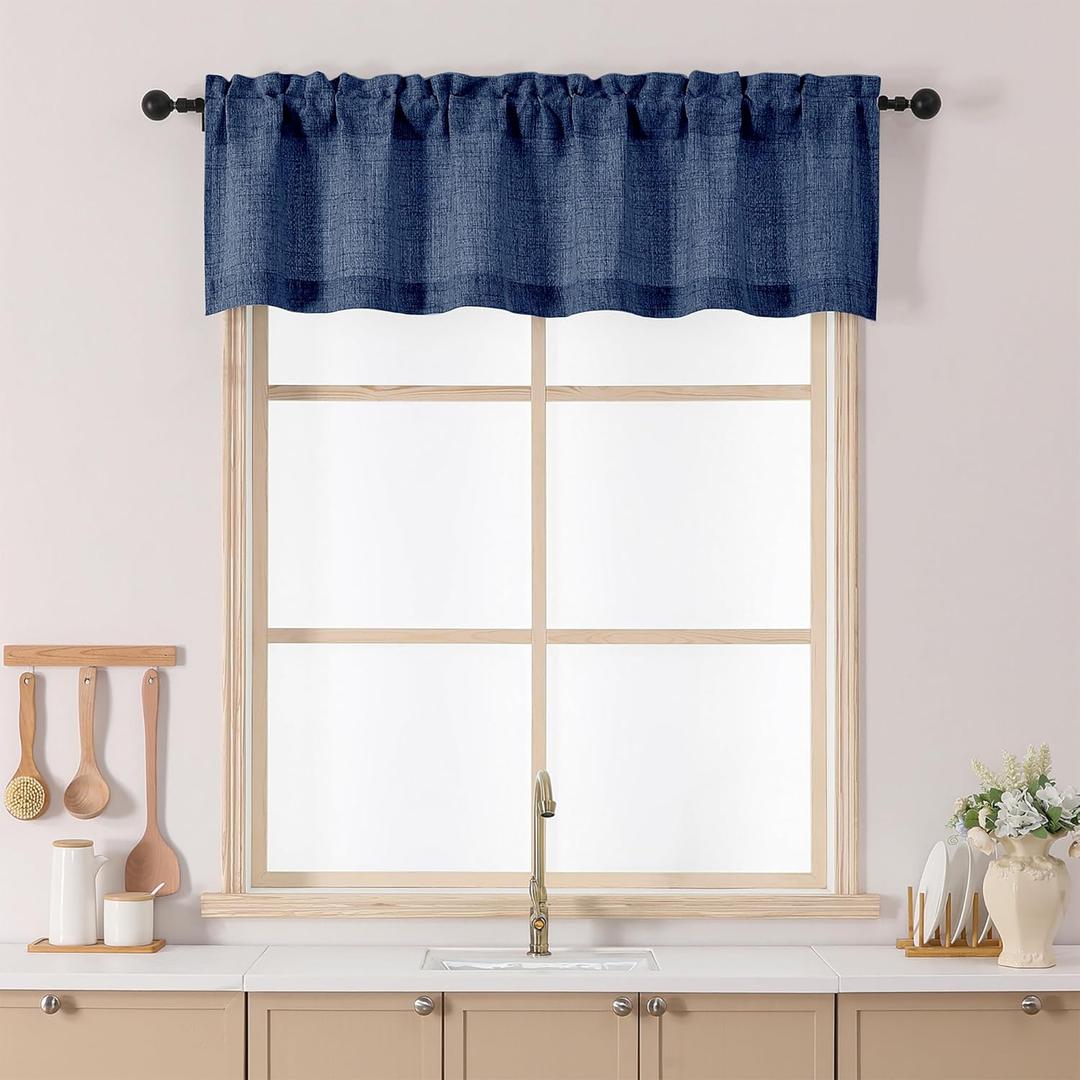 Chyhomenyc Navy Blue Valance for Windows, Light Filtering Faux Linen Slub Textured Small Kitchen Valance, Rod Pocket Top Window Short Curtain for Bathroom Basement Farmhouse, 60Wx14L Inch
