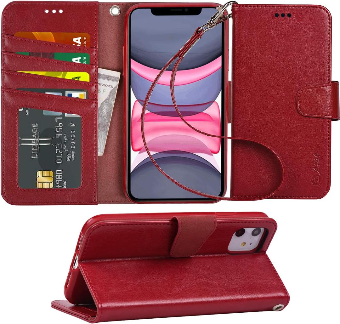 Arae Case for iPhone 11 PU Leather Wallet Case Cover [Stand Feature] with Wrist Strap and [4-Slots] ID&Credit Cards Pocket for iPhone 11 6.1 inch 2019 Released (Wine Red)