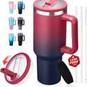 Travel Cups with Lid and Flip Straw - 40 oz Tumbler with Handle, Cold-34H & Hot-10H Insulated Coffee Mug, Metal Hydro Thermal Jug, Spill Proof Water Bottle Fits in Car Cup Holder (Ruby Purple)