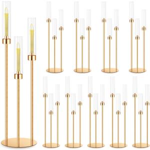 Suclain 10 Set 3 Arm Candelabra Centerpiece 33.8 Inch Candelabra Candle Holder Metal Floor Pillar Candlesticks Gold Candelabra Centerpieces for Tables Wedding Halloween Home Party Decoration