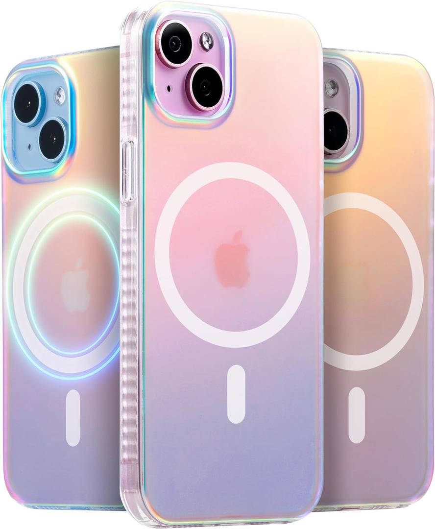 LONLI Hue - Magnetic Case for iPhone 15 - [Compatible with Magsafe] - [360° Shock-Absorbent Bumper] - [Cute and Unique Phone Cover for Girls and Women] - Fluorescent Holographic Iridescent