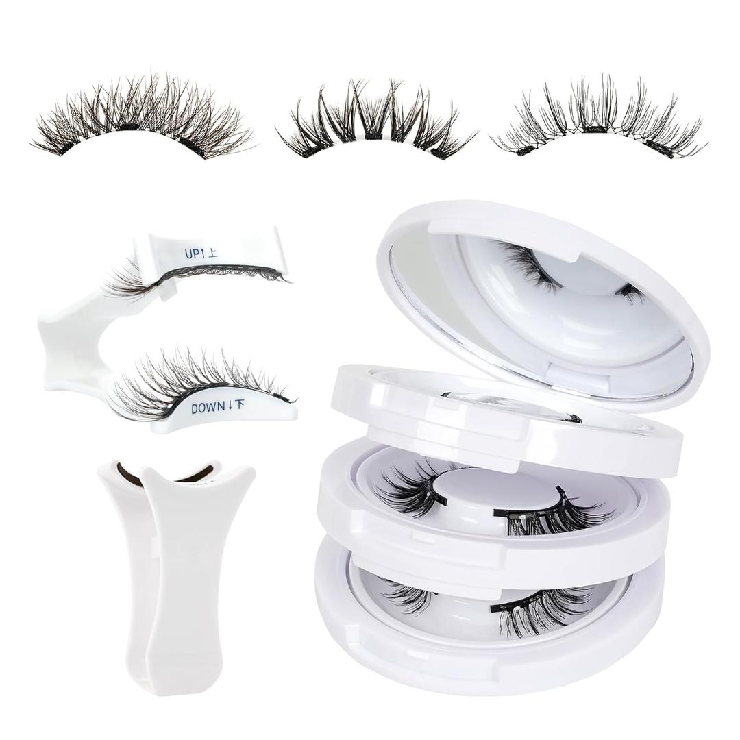 Mayhug Magnetic Eyelashes 3 Pairs Reusable Magnetic Eyelashes with Applicator No Glue Needed Eyelashes Natural-Looking Eyelashes, Eyelash Curler Set, Easy to Wear and Remove (3 Pairs-Kit 3)