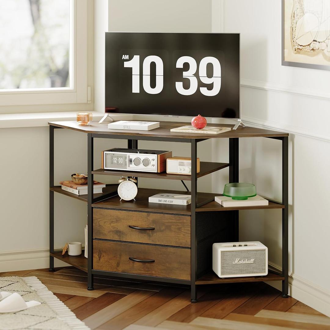 Corner TV Stand for 55 Inch TV, Farmhouse Entertainment Center with 2 Drawers Storage, Corner TV Console with Power Outlet, Retro Brown Media Console for Living Room, Brown, 47.24"Lx19.69"Wx27.95"H