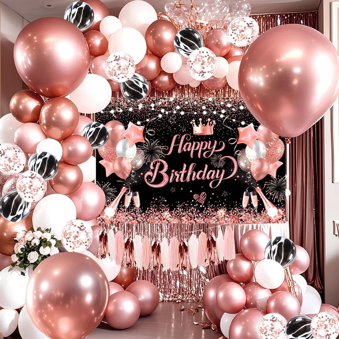 80 PCS Rose Gold Happy Birthday Party Balloons Decoration Set with Photo Background Backdrop Banner Cloth 3 PCS 18inch Metal Balloons Pink Gold Party Supplies for Girl Women