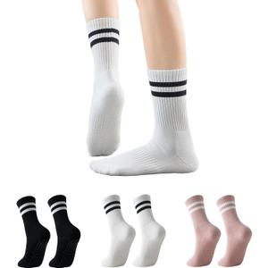 2 x GLENMEARL Pilates Socks with Grips for Women, 3/6 Pairs Yoga Non Slip Long Socks, Grip Sock for Pilates, Dance Workout (7-9, 3 Pack Striped (Black,white,pink))