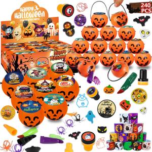 240PCS Bulk Halloween Party Favors - 24 Pack Pre-filled Mini Pumpkin Buckets Set, Non-Candy Treats Toys & Goodie Bags Stuffers for Trick or Treat, Kids' Prizes
