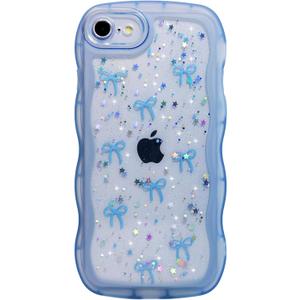 Qokey for iPhone 6S/6 Plus Case 5.5", Glitter Star & Curved Edge Handle Grip Design, Military-Grade Shockproof TPU Cover, Sparkle Protection Scratch-Resistant, Holographic Blue Bow