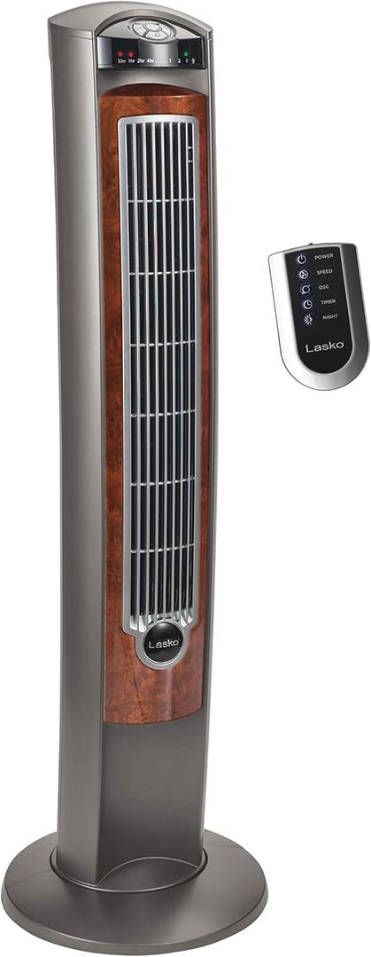 Lasko Oscillating Tower Fan with Remote, Quiet Floor Fans for Bedroom, 42", Woodgrain and Grey