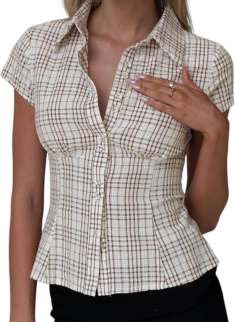 Women's Plaid Shirt Button-up Short Sleeve Collared Slim Fit Casual Summer Blouse Tops (L)