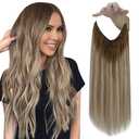 Fshine Invisible Wire Hair Extensions Real Human Hair 16 Inch 86 G Secret Wire Layered Hairpiece Olive Brown to Ash Brown and Blonde One Piece Clip in Hair Extensions for Women