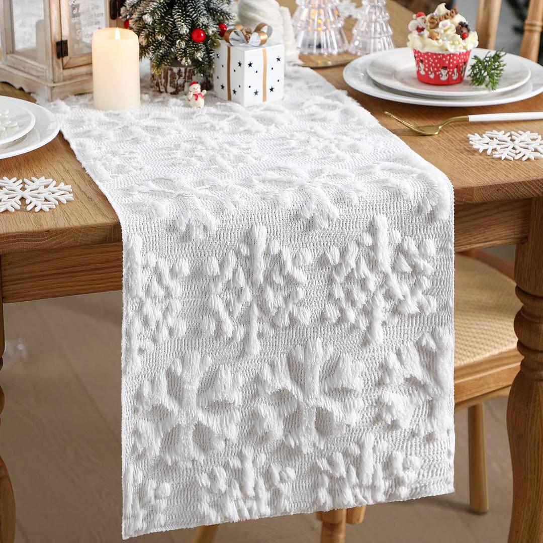 Roshtia Winter Snowflake Table Runner Soft Plush Faux Fur Jacquard Snowflake Tabletop Runner 13 x 72 Inch Winter Kitchen Dining Table Decor for Home Indoor Outdoor Holiday Party Decor(White)