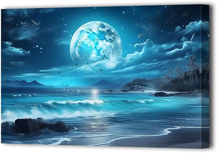 LURENCZH Ocean Moon Wall Art Large Moon Canvas Prints Night Beach Landscape Picture Painting for Living Room Office Decor Framed(Moon-3,16.00" x 24.00")