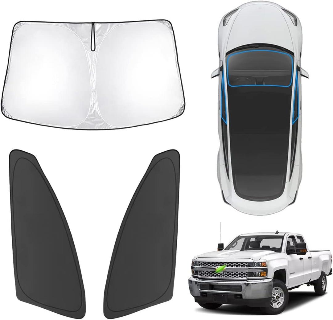 Karltys 3PCS Windshield Sun Shade for 2015-2019 Chevy Silverado/GMC Sierra 2500HD 3500HD, Front and Side Window Sunshade Custom Fit Silverado, Foldable Sun Visor Protector Blocks Heat UV Rays