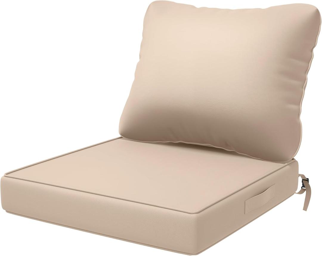 Amopatio Outdoor Cushions for Patio Furniture, 22x22 Outdoor Chair Cushions with Waterproof & Fade Resistant Cover, Deep Seat Replacement Patio Cushions with Adjustable Straps & Handle, Beige (22x22x4 In | 1 Back&Seat)