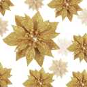 Chunyin 24 Pcs Christmas Poinsettias Artificial Flowers, 6" 4" 3" Glitter Poinsettia Clip on Ornaments Christmas Tree Decorations Indoor Xmas Poinsettias for Wreath Fireplace (Gold)