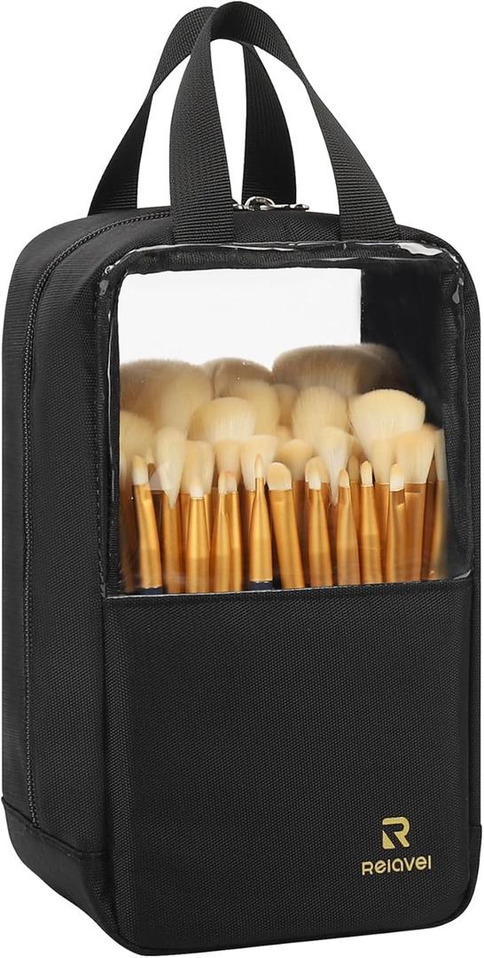 MONSTINA Makeup Brush Bag, Travel Makeup Brush Case Portable Large Makeup Brush Holder Marker Organizer Pro Makeup Artist Bags Sets Clear Cosmetic Bags Dust-Proof (Black)