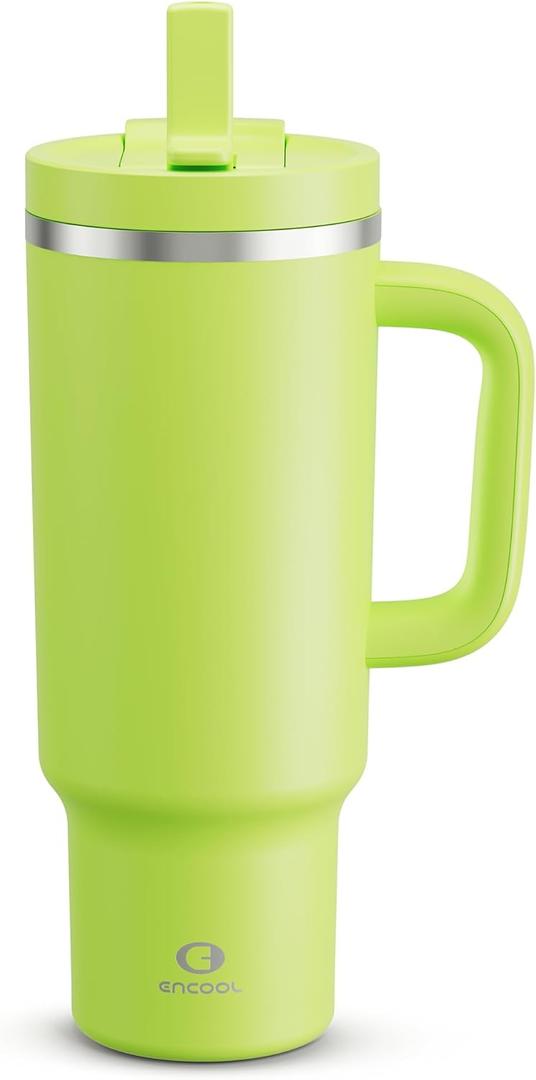 ENCOOL 40 oz Tumbler with Handle and Straw: Stainless Steel Insulated Tumbler Keeps Cold for 24 Hours, Leakproof Travel Cup Fits in Cup Holder and BPA-Free,Sharp Green