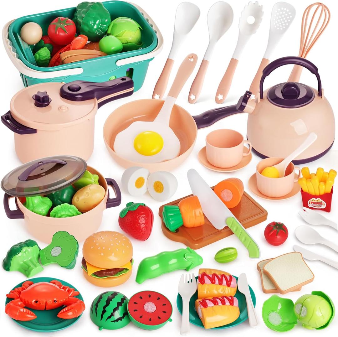 LovesTown 59PCS Play Kitchen Accessories with Basket, Pink Pretend Play Food Set for Kids with Pots Pans Tableware Kitchen Cooking Toys for Toddler Gifts for Boys Girls