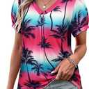 Womens Puff Short Sleeve Hawaiian Shirts Floral Tropic Printed Pleated V Neck Summer Casual T-Shirt Trendy Boho Blouses Tops (Medium, Fuchsia)